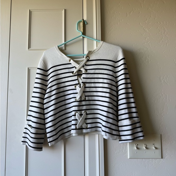 Maje Montreal cropped Lace up Striped Knit sweater Size 2 - Picture 6 of 6